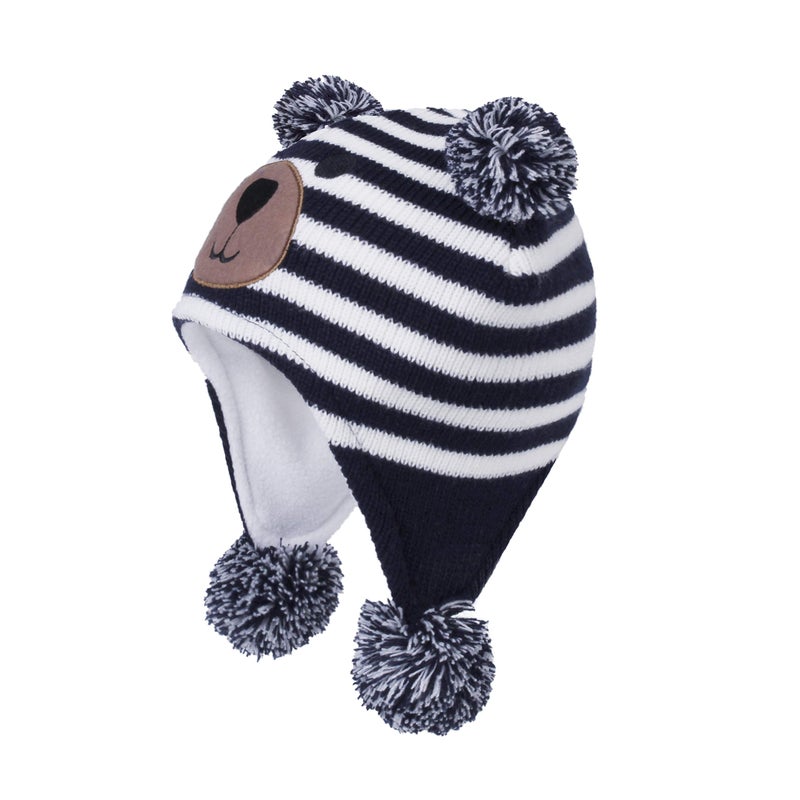 LANGZHEN Toddler Kids Infant Winter Hat,Earflap Knit Warm Cap Fleece Lined Beanie for Baby Boys (Bear -Navy Stripe, L(50-52CM/19.69"-20.47")) - Image 2
